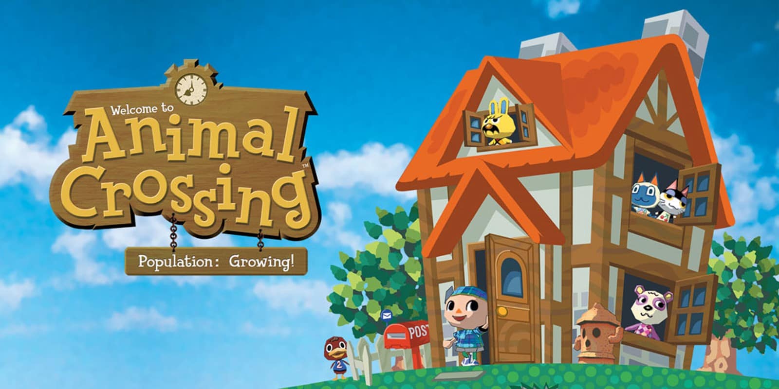 animal crossing gamecubes main cover art showing a villager exiting a large red house next to the game logo