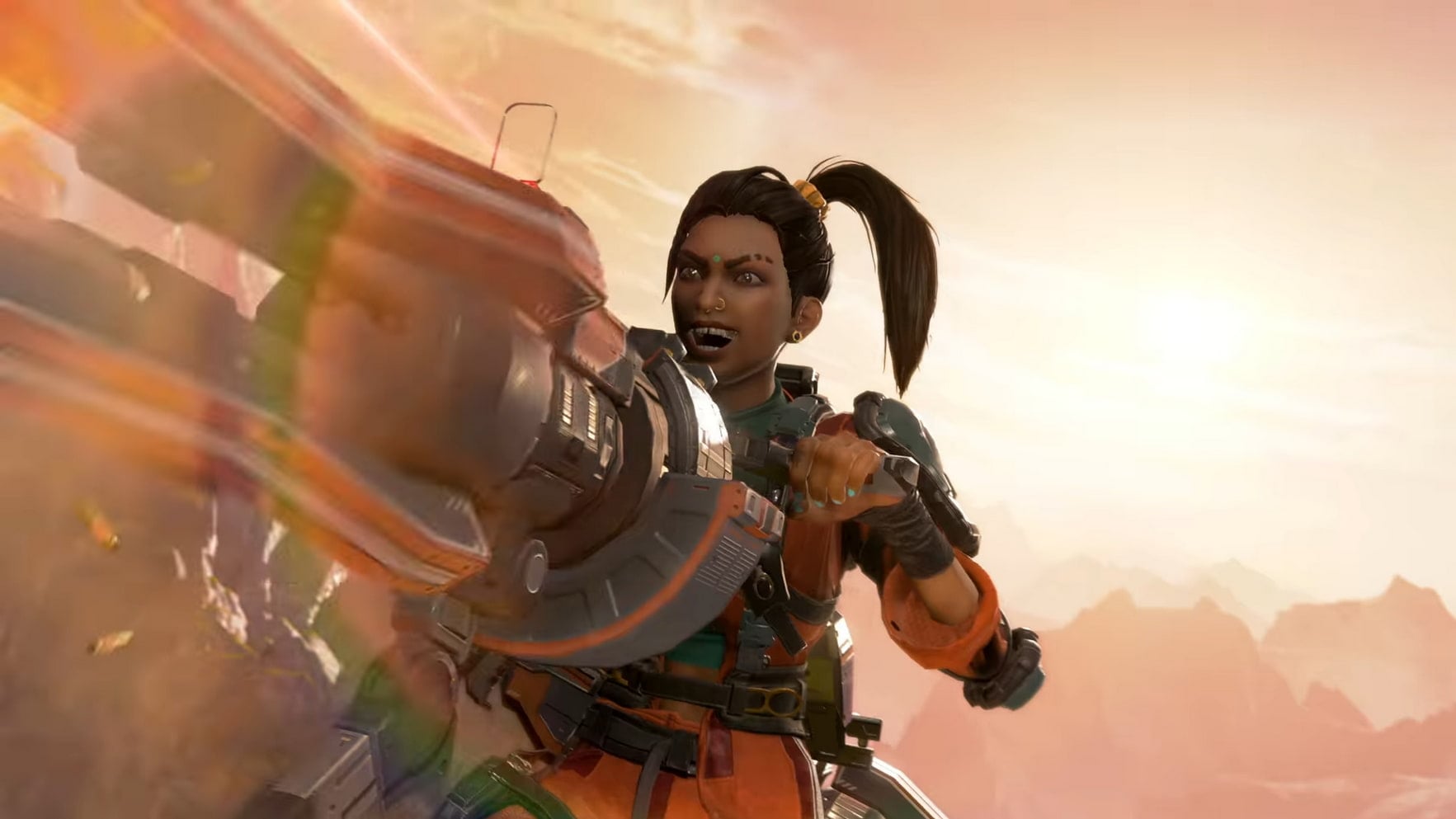 Rampart laughs while firing her minigun.