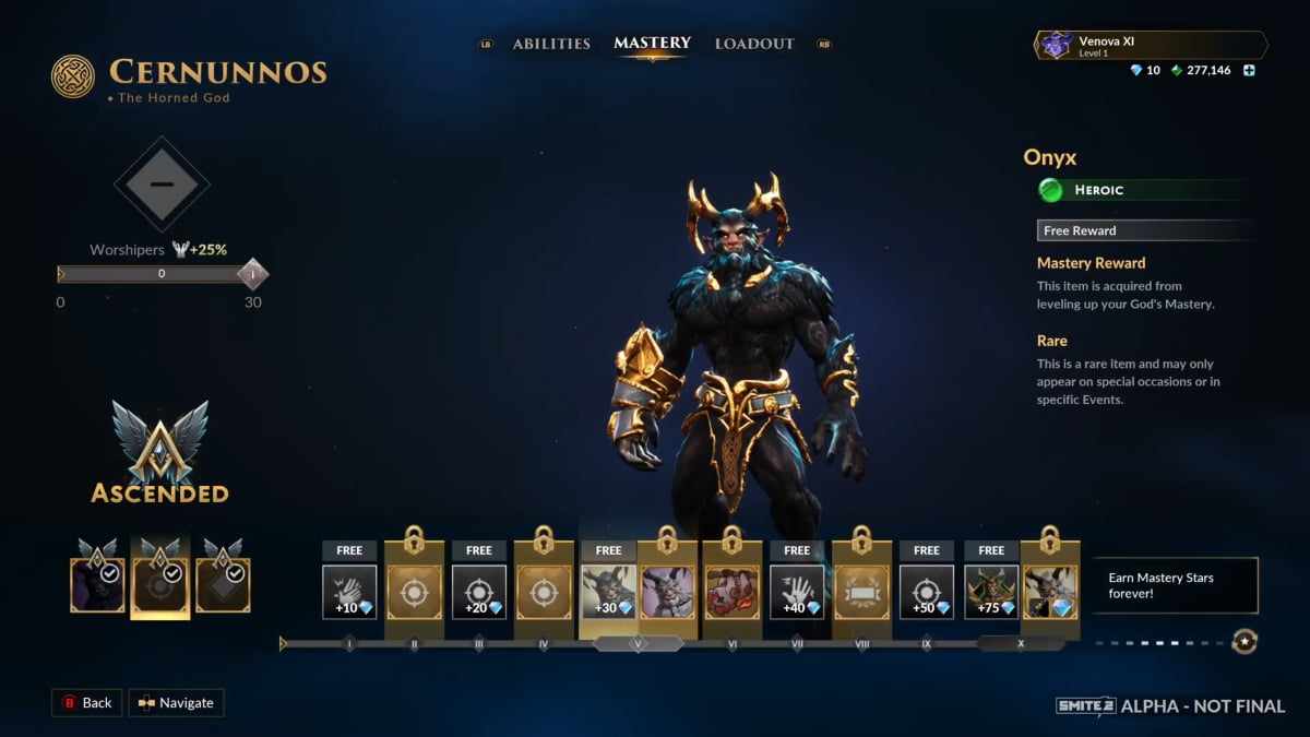 A screenshot of Cernunnos' Ascension Pass in Smite 2 showing a skin.
