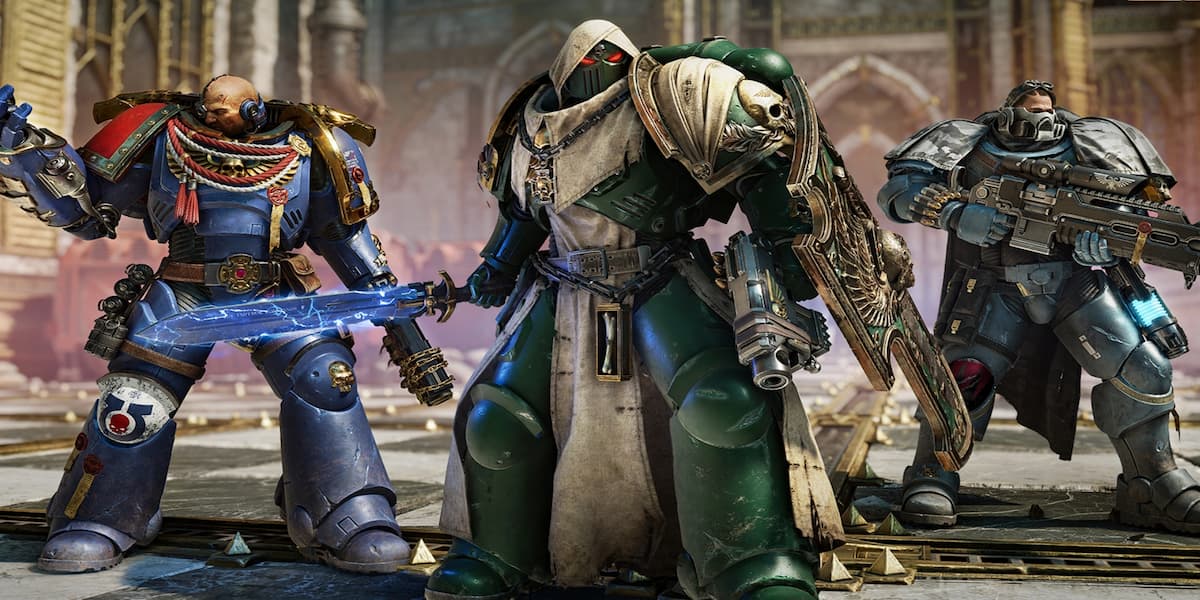 Warhammer 40000 Space Marine 2 promotional screenshot with three varieties of marine builds