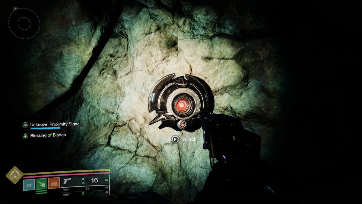 A Guardian finds a disc-like Vex specimen hidden inside a crevice in Encore: Concerto