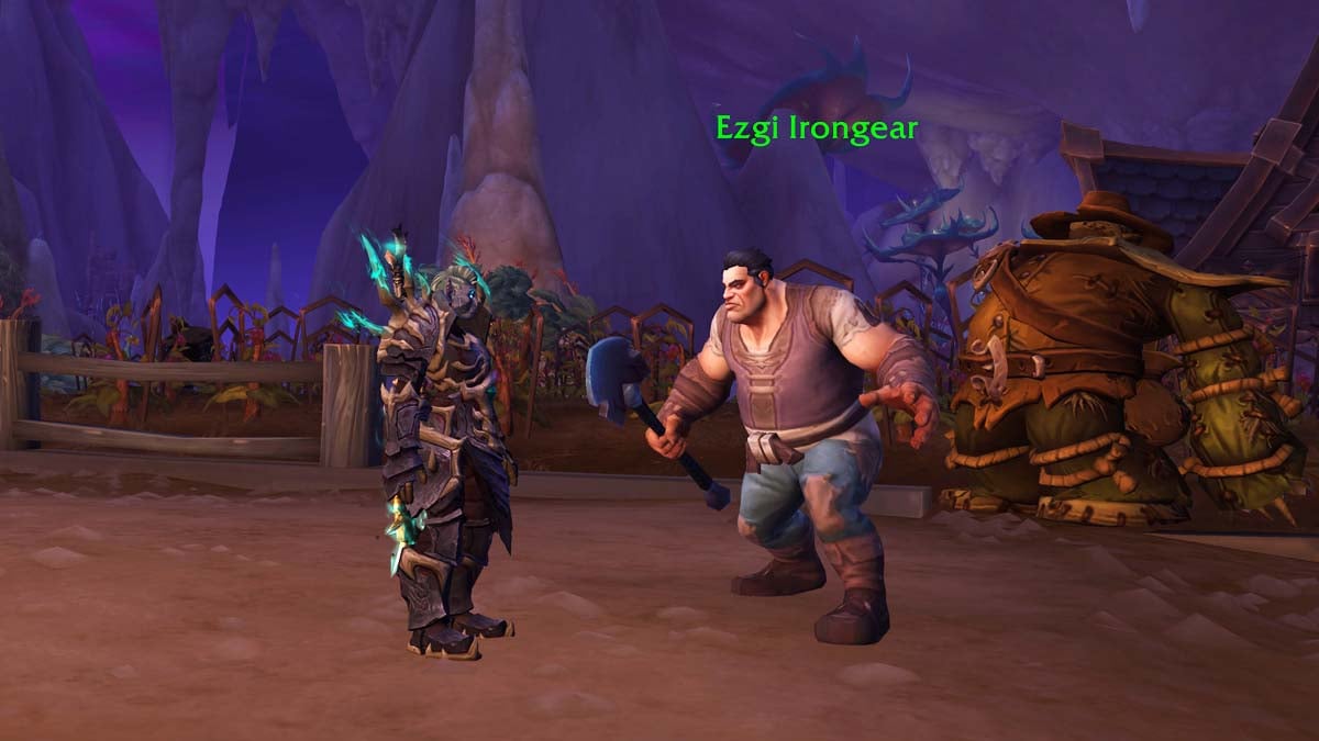 WoW Death Knight talking to Ezgi Irongear, a fat human in WoW The War Within