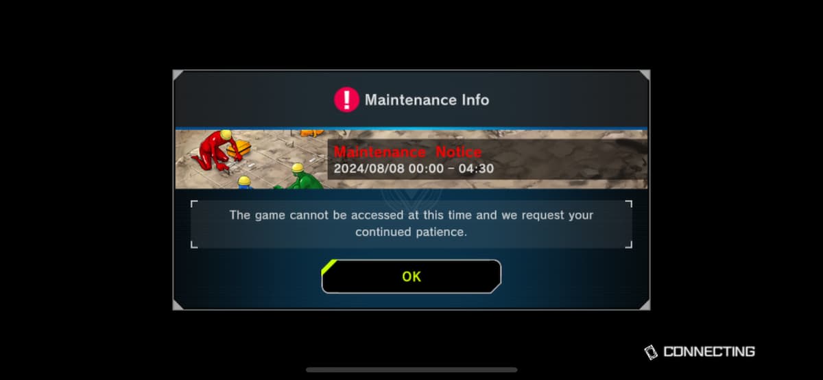 A screenshot of the Yu-Gi-Oh! Master Duel maintenance notice on Aug. 8, 2024.