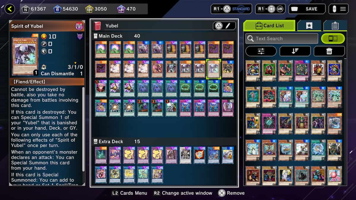 A screenshot of a Yubel Master Duel deck list in August 2024.
