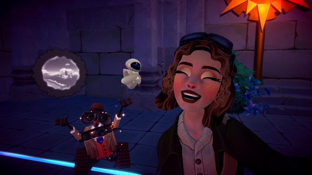Taking a picture with Wall-E and Eve in the Ancient Ruins in Disney Dreamlight Valley.