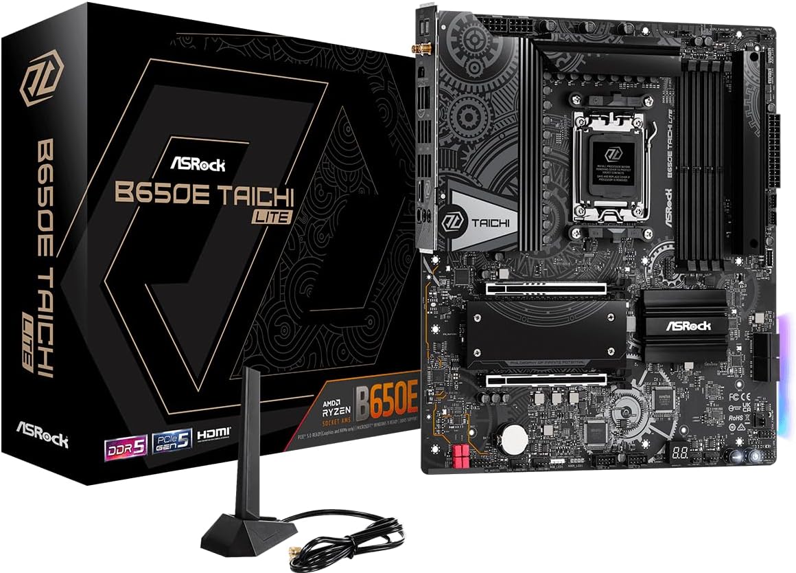 ASRock B650E Taichi Lite motherboard with its box packaging