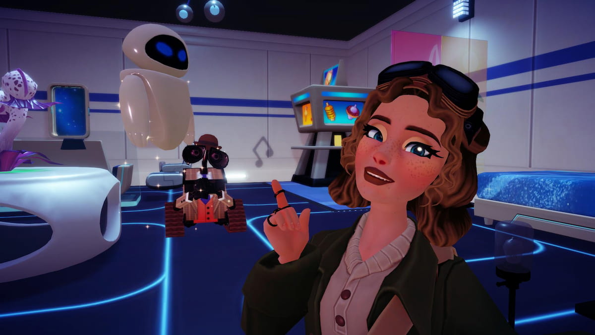 Taking a picture with Wall-E and Eve in Eve's house in Disney Dreamlight Valley.