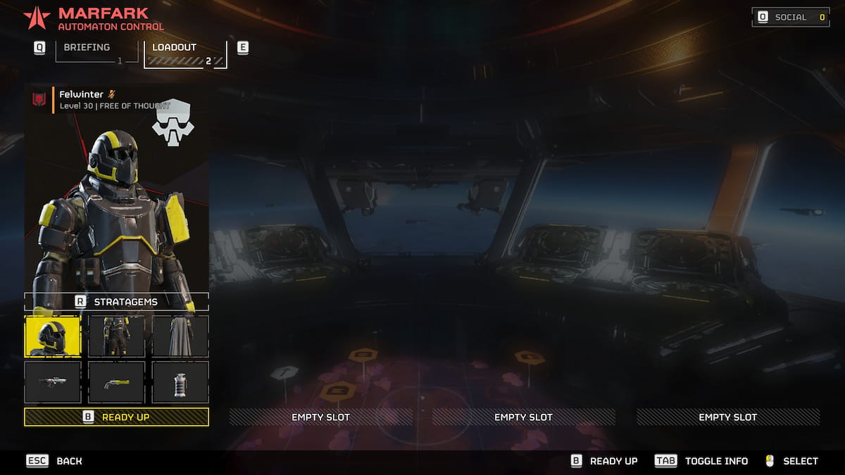 Equipment select screen before the mission in Helldivers 2