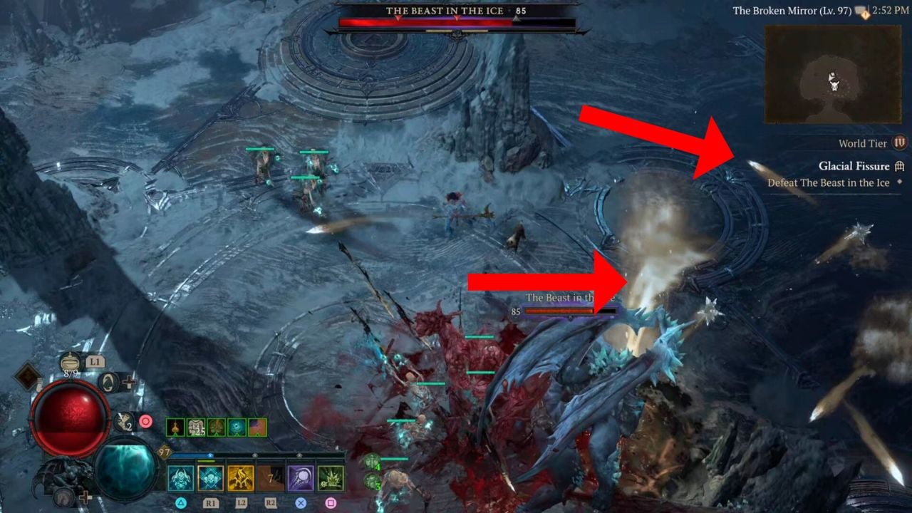 two red arrows pointing to the beast in the ice's frost breath and ice arrows in diablo 4
