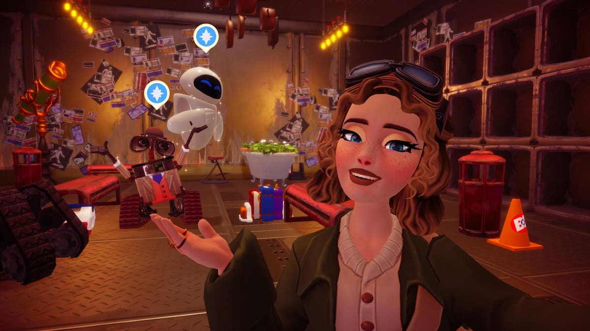 Taking a picture with Wall-E and Eve in Wall-E's house in Disney Dreamlight Valley.