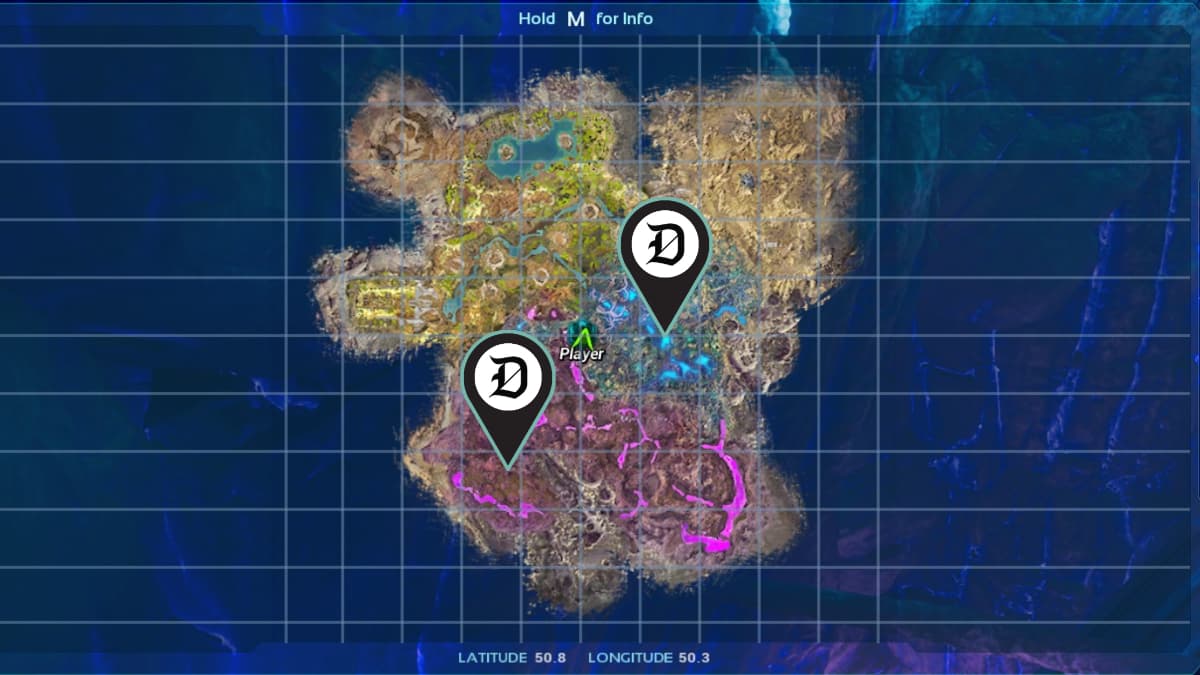 A map of Aberration in Ark Survival Ascended with spawn areas of Dung Beetle marked.