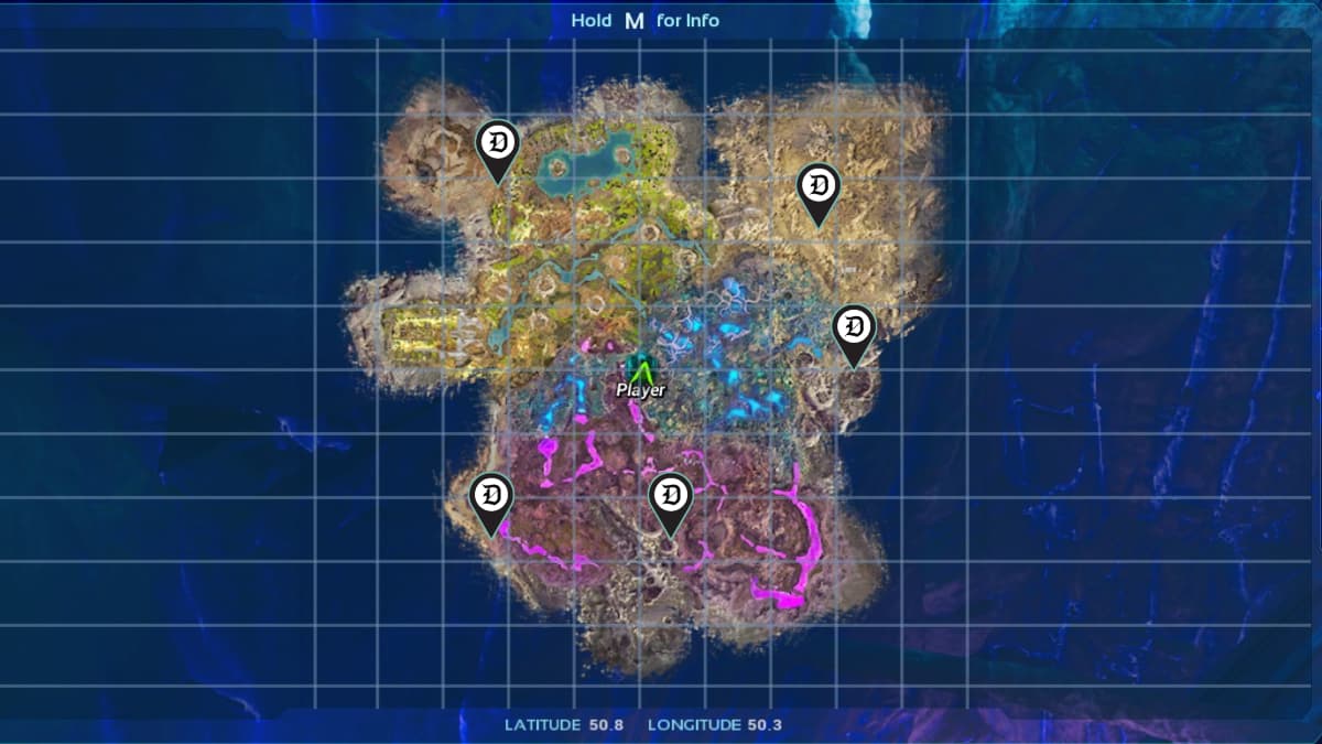 A screenshot of the Aberration map in Ark Survival Ascended with locations marked.