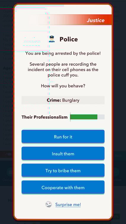 Picture showing a Bitlife player getting arrested by the police where they make a run for it.