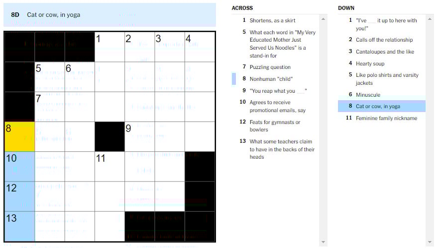 Picture showing the Cat or cow, in yoga clue in NYT Mini Crossword.