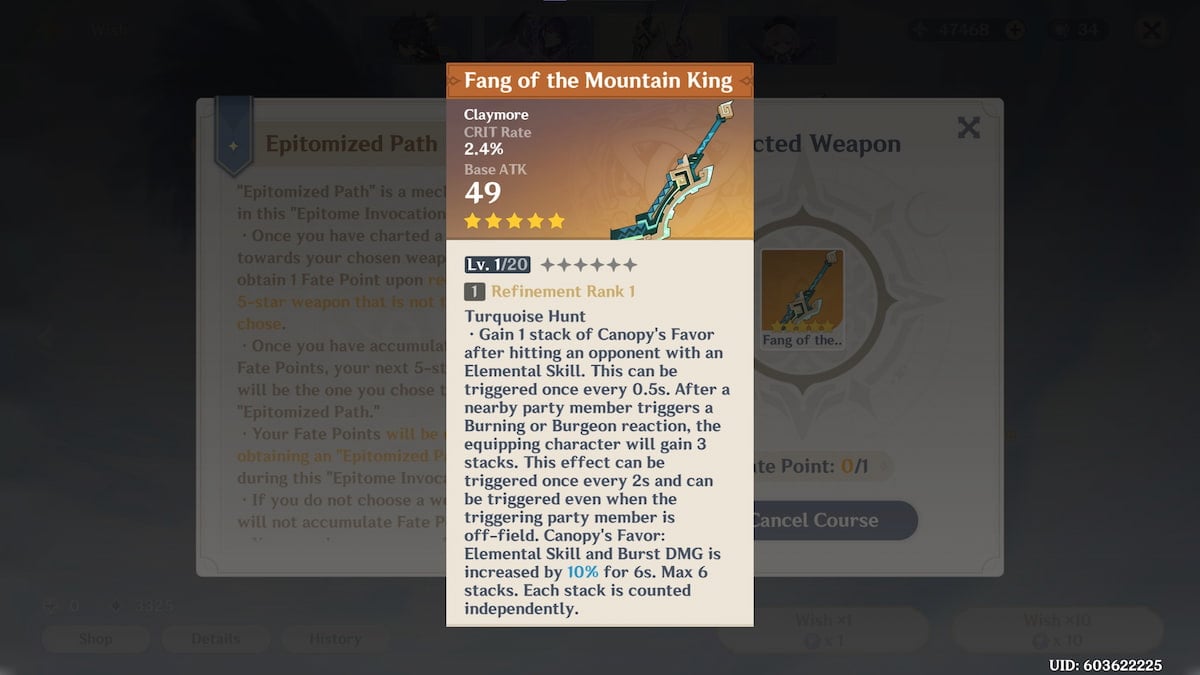 An image of the Fang of the Mountain King, Kinich's best weapon.