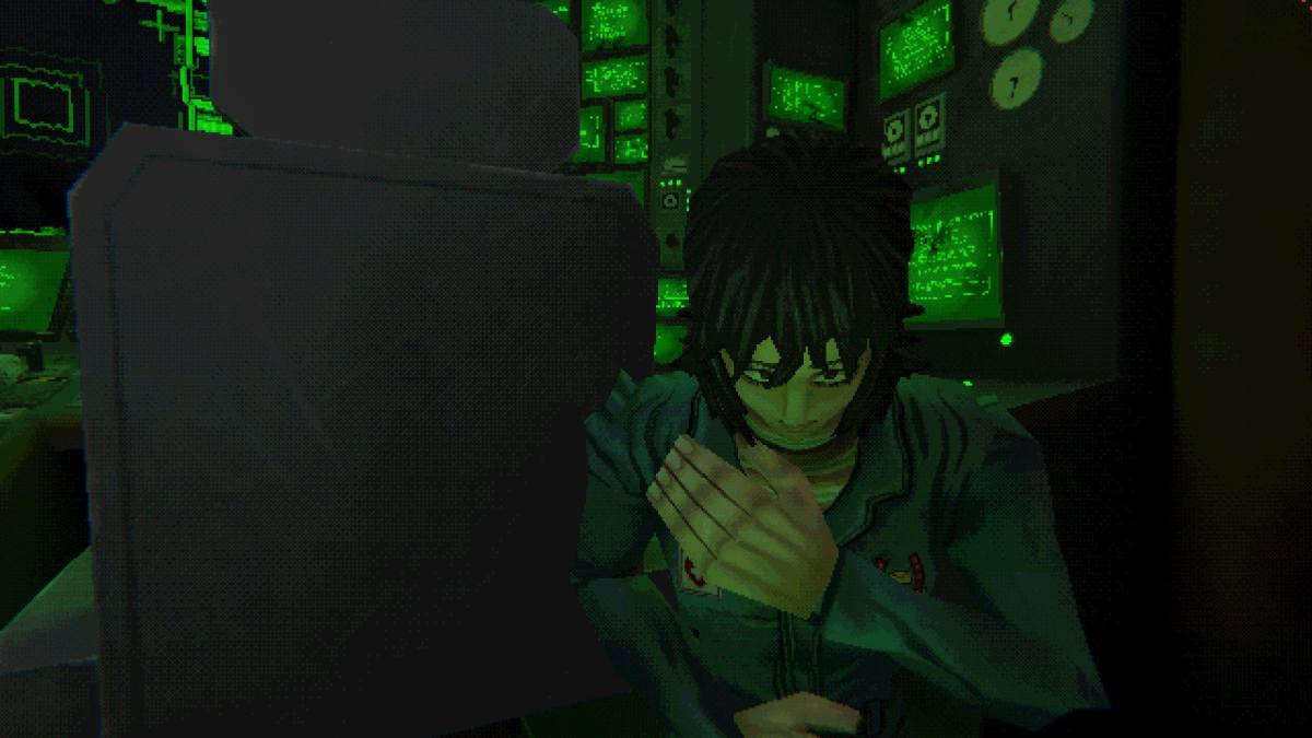 Anya looking down with her hands overlapped on top of her chest