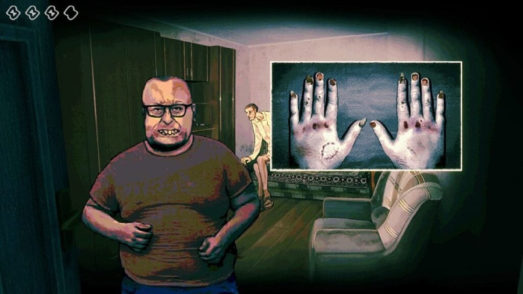 Studying the angry man's beaten hands in No, I'm not a Human