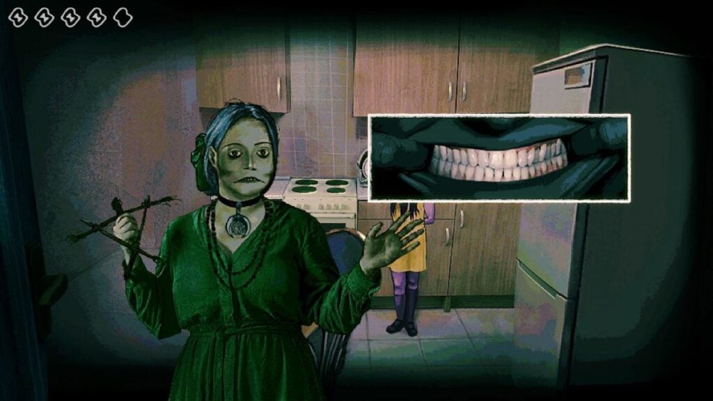 Looking at the fortune teller's many teeth in No, I'm not a Human