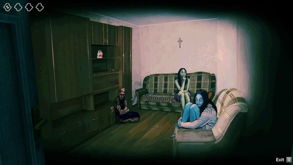 Looking at the human guests: burnt man and the twins in the living room of No, I'm not a Human
