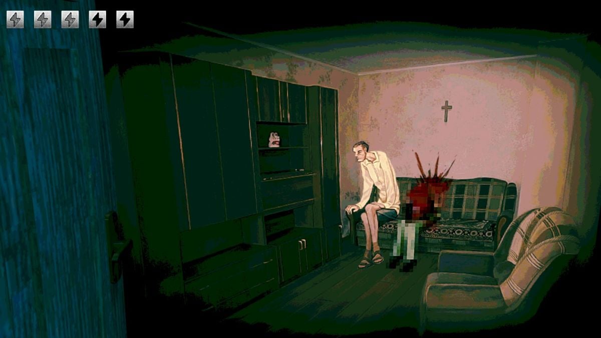 Thin man sitting next to a bloody corpse after being shot by a shotgun