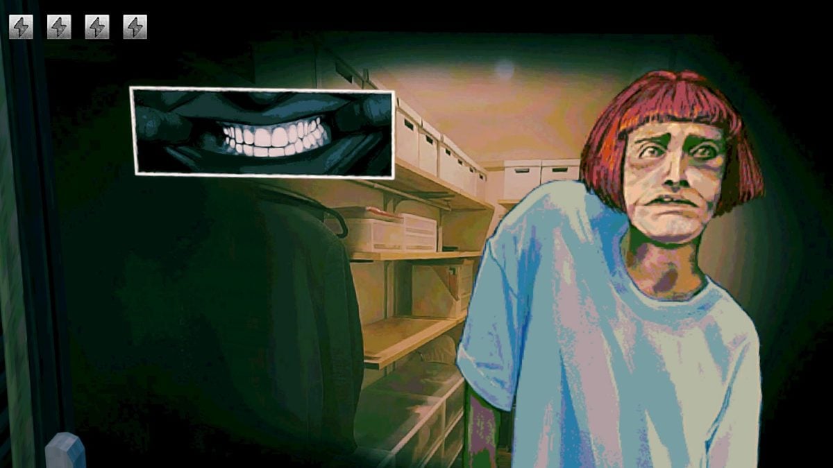 Hunched shoulder woman showing her perfect teeth