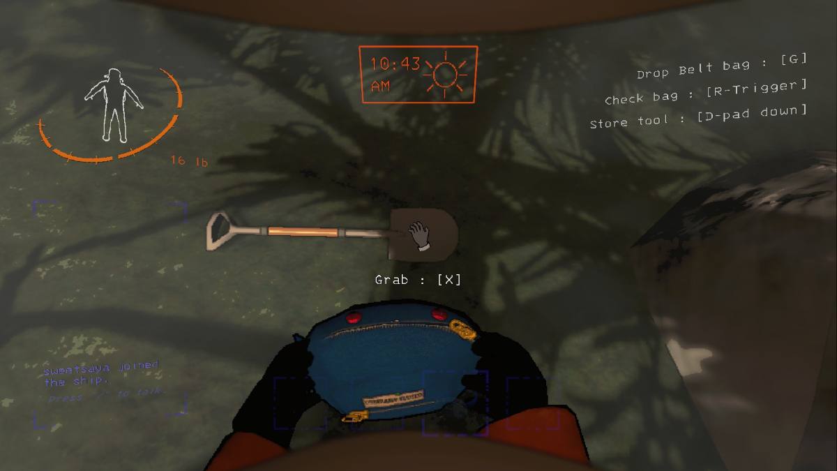 Picking up a Shovel to store it inside the visible Belt Bag on the waist of the employee