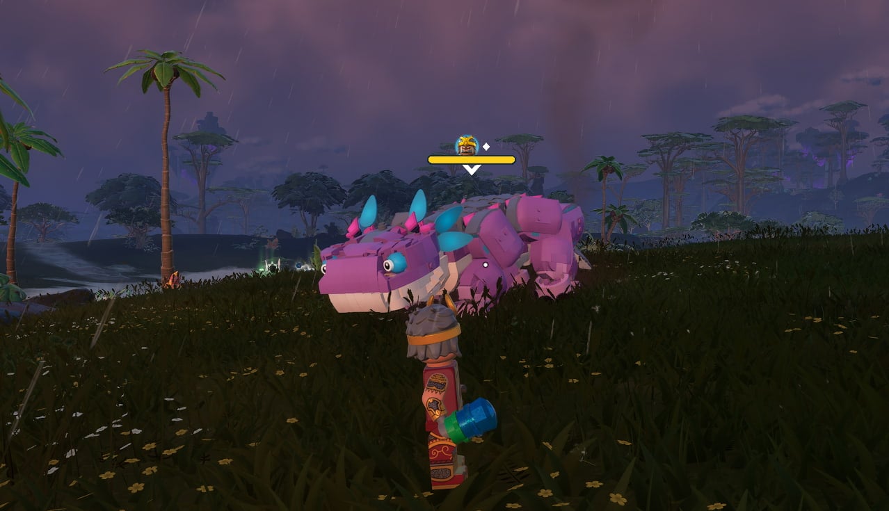 klombo walking around the lost isles past a player in lego fortnite