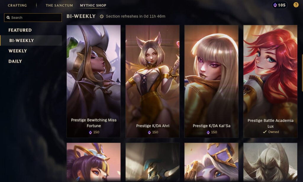 Picture showing skins in Mythic Shop League of Legends.