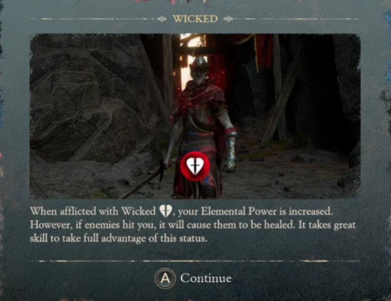 The Wicked status effect tutorial screen