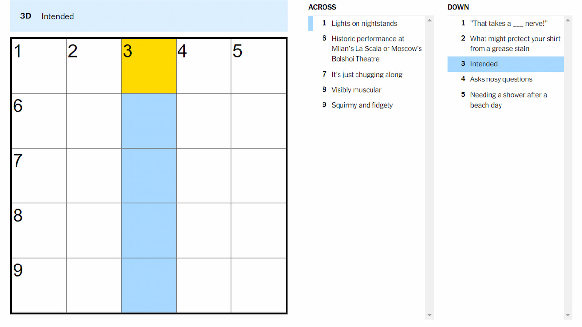 The Intended clue highlighted on the NYT Mini Crossword puzzle.
