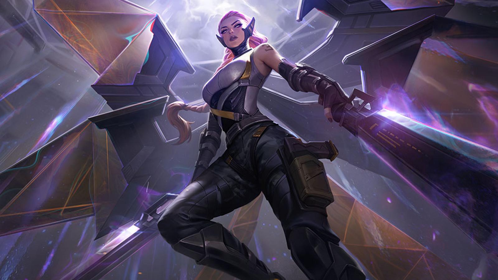 PsyOps Kayle flies in the air while holding a huge sword. She's wearing futuristic armour designed like her normal LoL garb.
