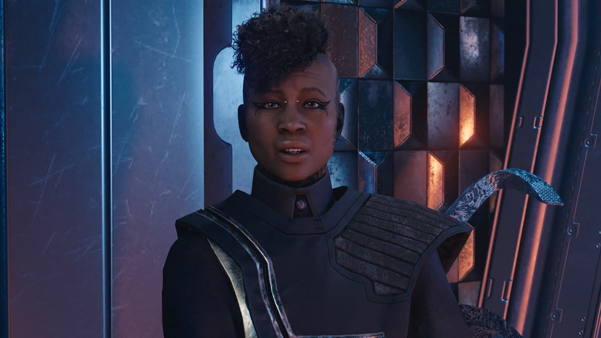 Woman with a mohawk talking to the player character in Starfield