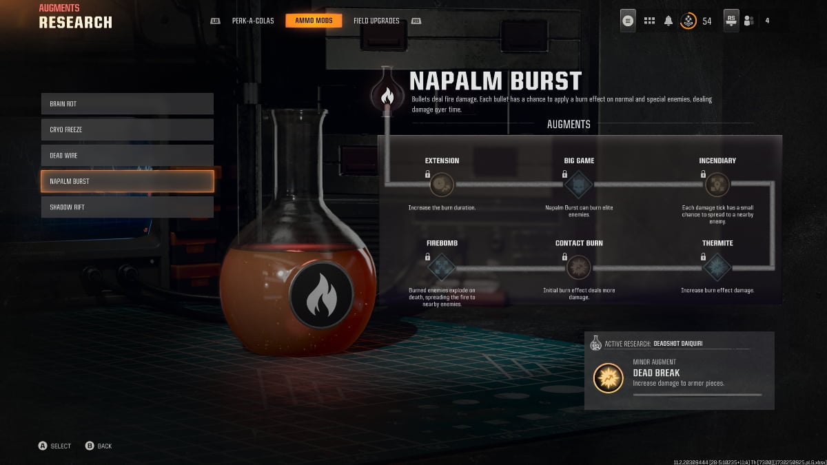 A screenshot showing an overview of the Napalm Burst Ammo Mod and Augments.