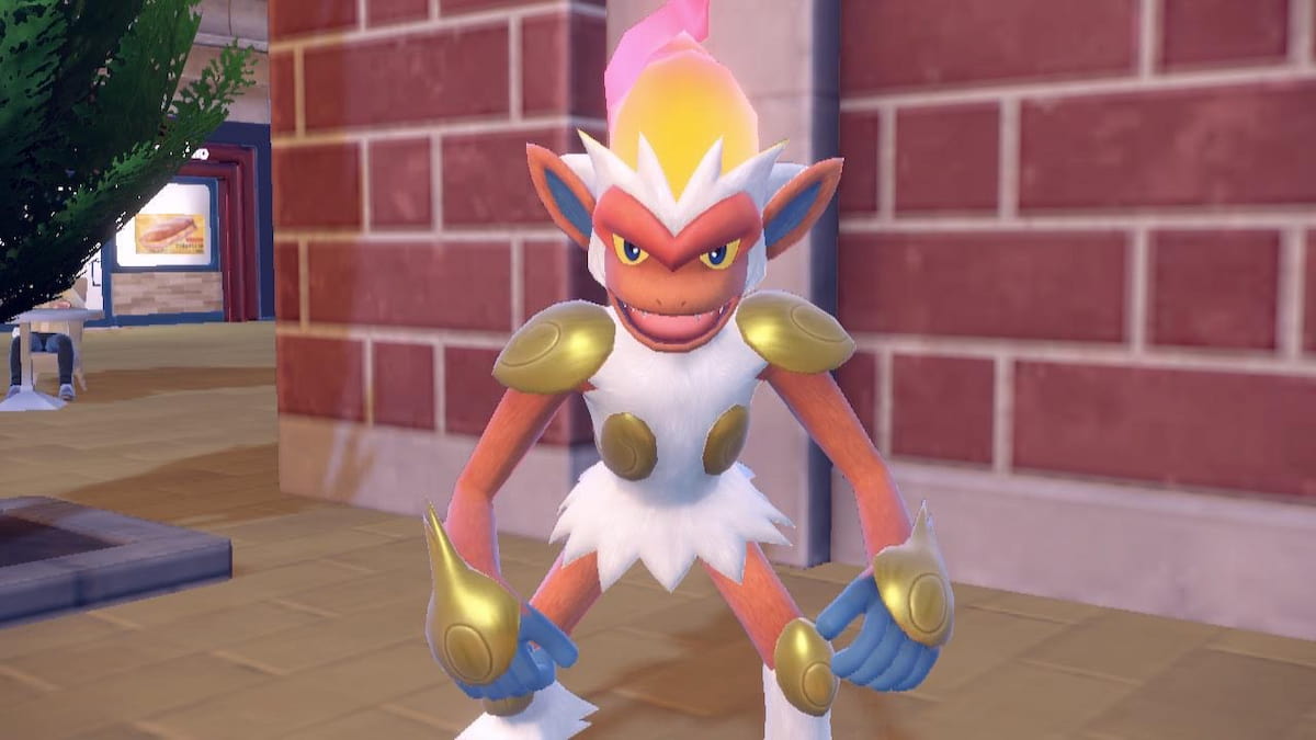 Infernape stands in front of a brick wall