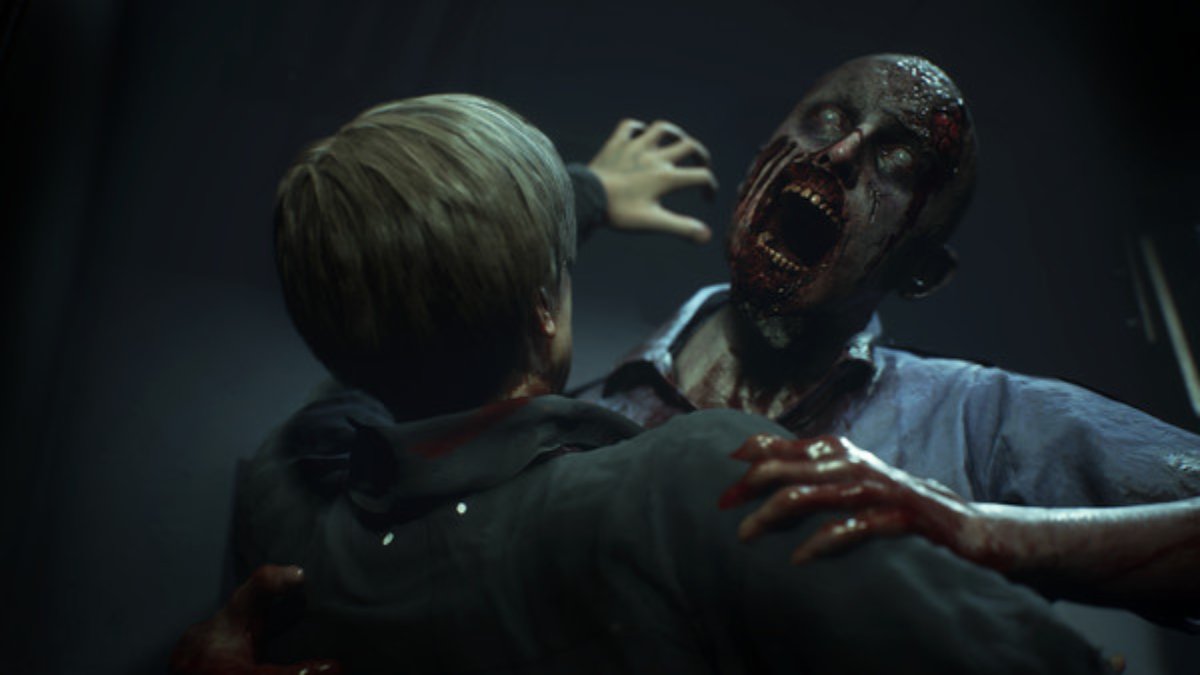 Leon's back to the camera, fighting off a bloody mouthed zombies