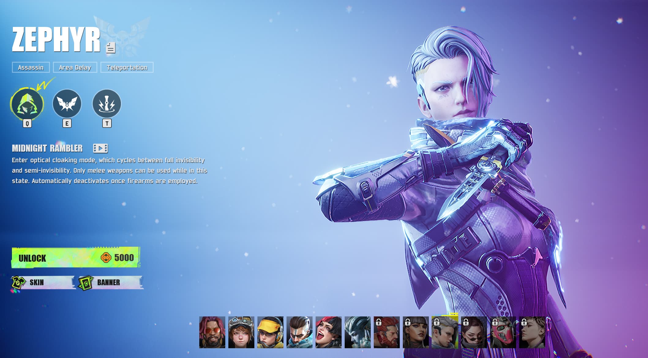 Zephyr from FragPunk holds a knife in a defensive pose in the game's Lancer screen. This image shows readers how much gold is needed to unlock a character