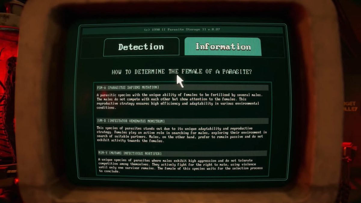 Parasite detection and information screen in Zoochosis