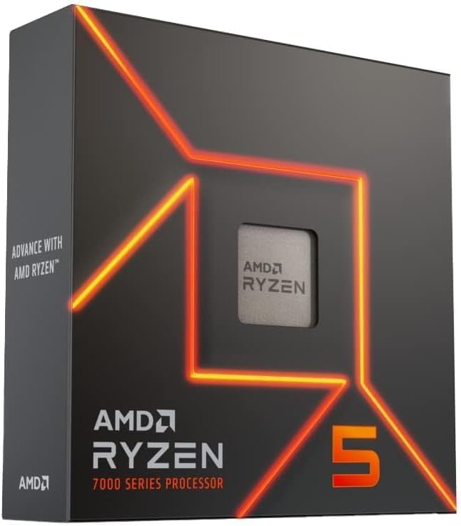 3/4 front view of the AMD Ryzen 5 7600X product box. More details below.
