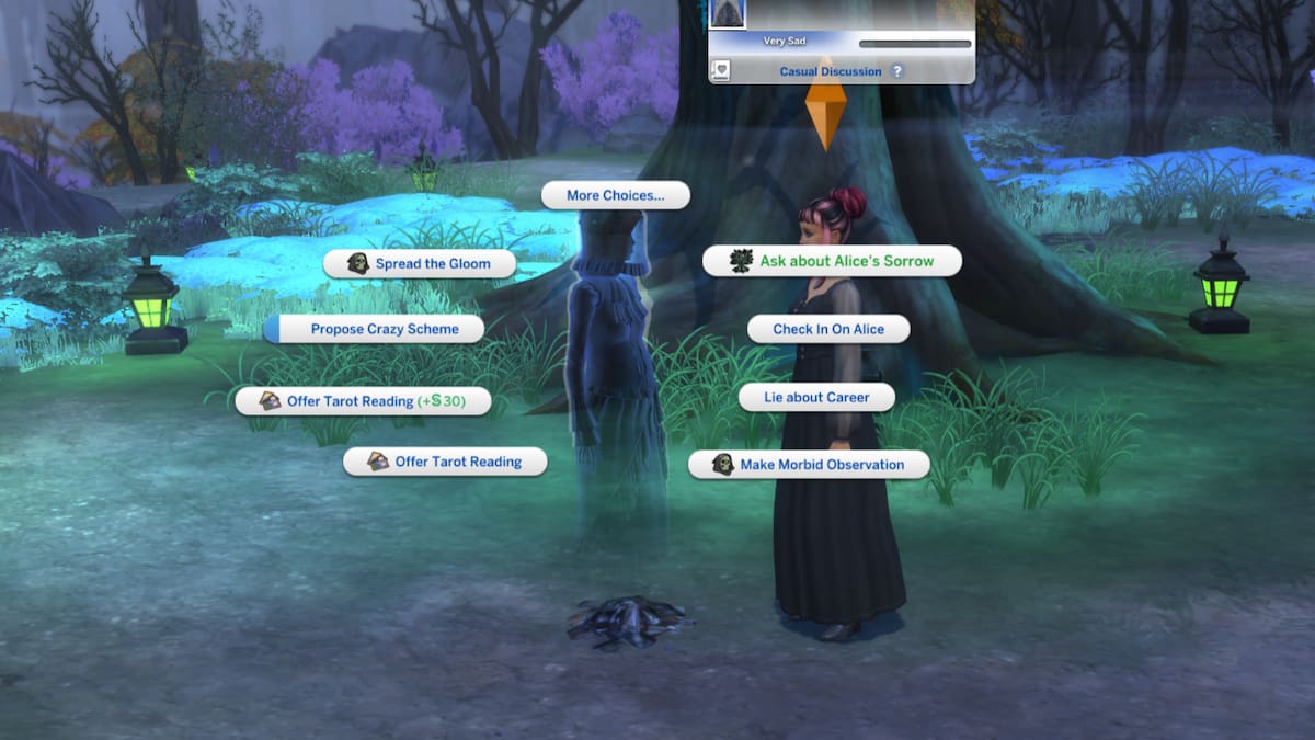 The Ask about Alice's Sorrow chat option highlighted while talking with the ghost Alice under a tree in The Sims 4 Life & Death.