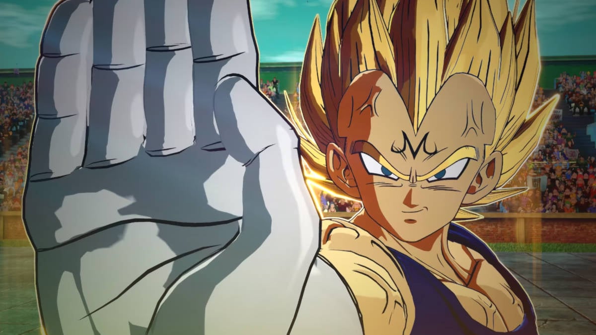 Dragon Ball Sparking Zero Vegeta branching paths: Majin Vegeta is holding his palm out to blast away his target.