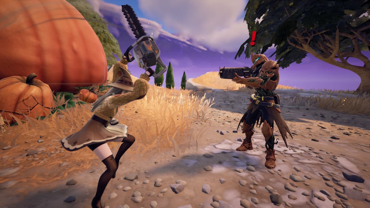 Fighting Ultima Carver with a Chainsaw in Fortnite.
