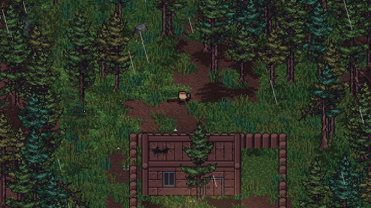 A Zero Sievert character in the forest close to a wooden house.
