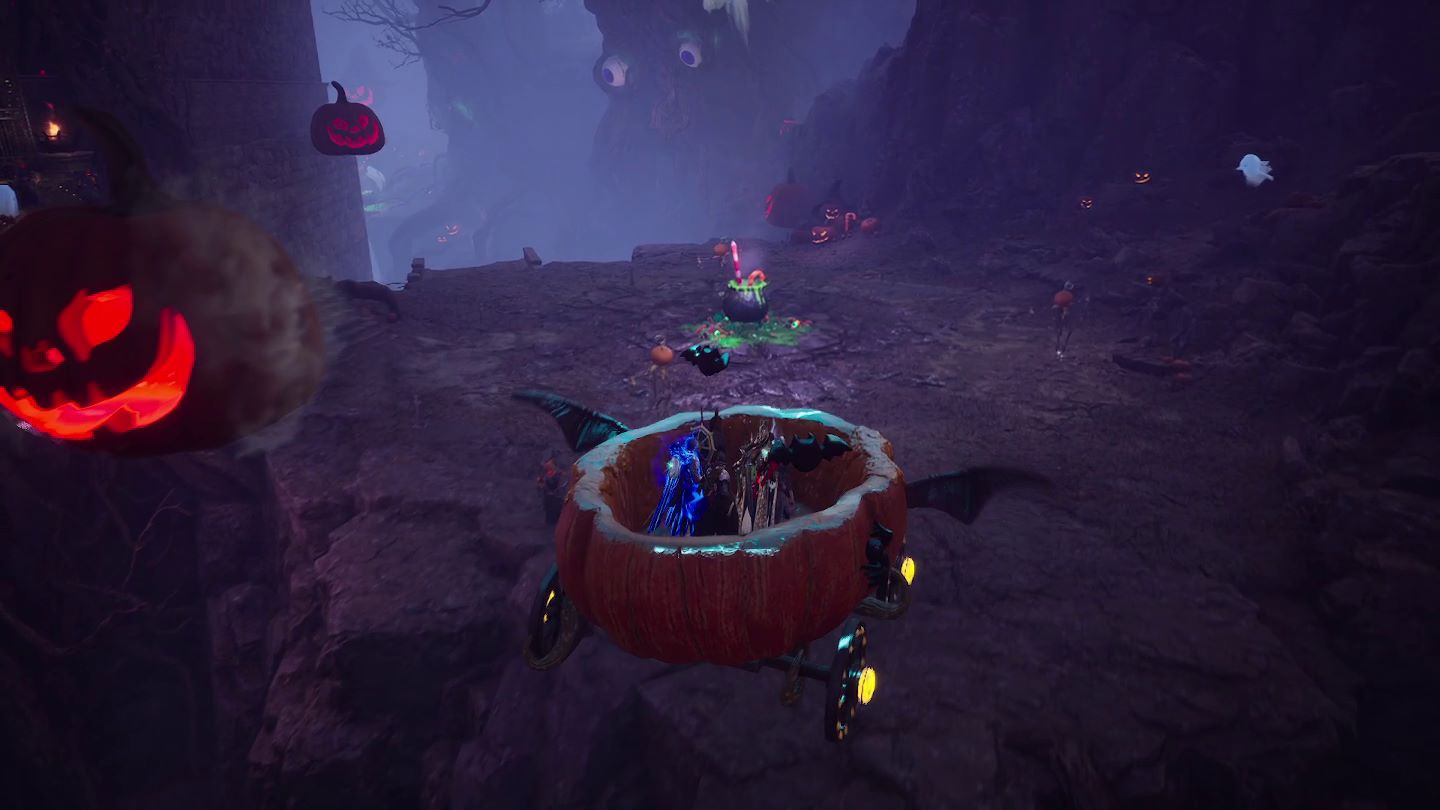 Six Throne and Liberty player characters stand in a flying carriage shaped like a hollowed out pumpkin with wheels. Image from the Haunted Labyrinth event dungeon
