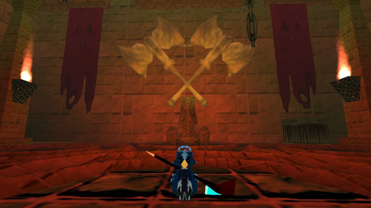 Byrdle sitting in the center of Amok's chamber with two hammer emblem in the wall behind playable character in ATLYSS