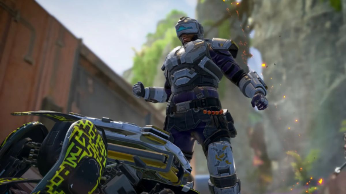 A low angle shot looking up at Newcastle performing a finisher on Seer