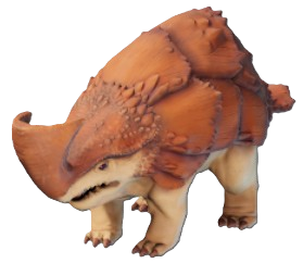 A rhinocerous-like creature with orange hide and tan legs. This shows readers the Dune Armadillo from Enshrouded