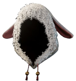 A hood that's in the shape of a goat head with white wool and floppy ears. Two strings hang below. This is the Fluffy Hat in Enshrouded