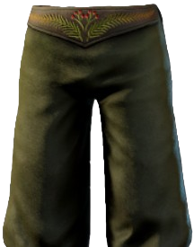 A pair of khaki green loose pants in Enshrouded. This screenshot shows readers what the Fluffy Pants look like.