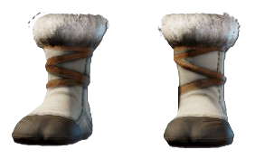 A pair of boots with hoof-like toes and white wraps around the ankle and calf. This shows readers what the Fluffy Boots look like.