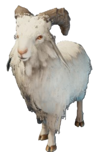 A white goat with brown hors and red eyes in Enshrouded.